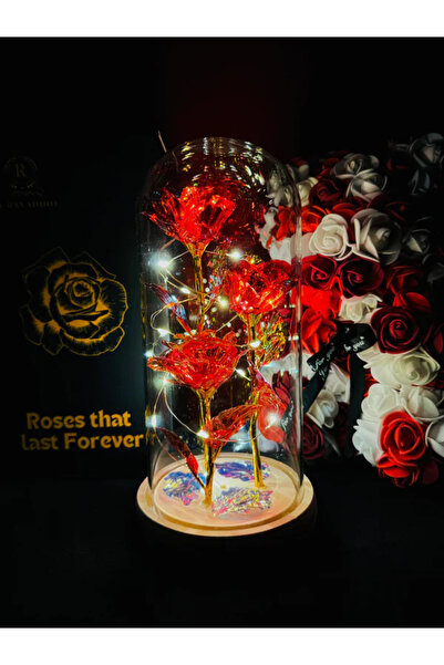 MyRavadino ™ 3 Trandafiri în cupolă de sticlă cu lumini LED, 22 cm, Rosu