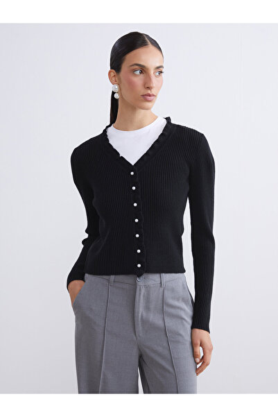LC Waikiki Frilled V Neck Women's Knitwear Cardigan