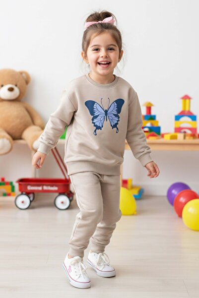 TOFİSA Κοριτσίστικο Σετ Μπεζ με Σχέδιο Πεταλούδας και Δύο Νήματα - 28289-BEJ