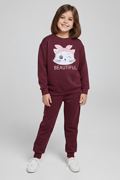 TOFİSA Κοριτσίστικο Σετ Φόρμας με Στάμπα Βουργουνδίας - 28175-BORDO