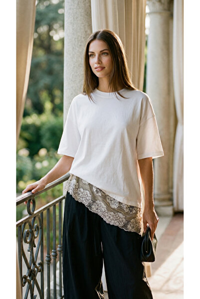 Amia&Co. Ecru Oversize Crew Neck Lace Layered Minimal Stylish Women's T-Shirt