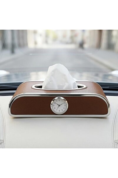 AutoFamily حامل مناديل للسيارة مع ساعة - موزع مناديل من الجلد الصناعي للوحة ا...
