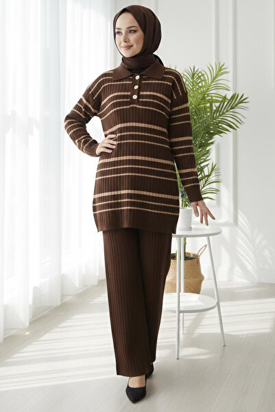 TOFİSA Striped Buttoned Knitwear Double Set Brown - 28173-Brown