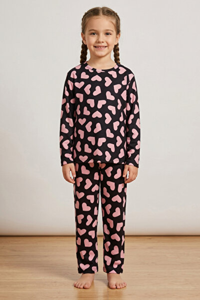TOFİSA Κοριτσίστικο Σετ Πιτζάμες Μαύρη Καρδιά από Σουέντ - 28328-ΜΑΥΡΟ