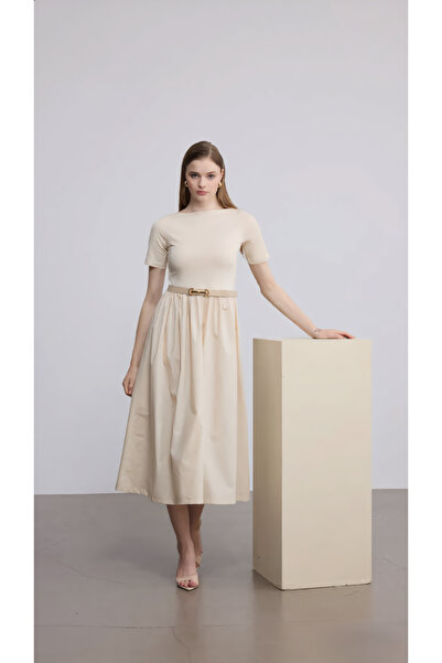 SevdeUgur Rochie de damă cu mânecă scurtă, cu curea, lungime maxi, crem