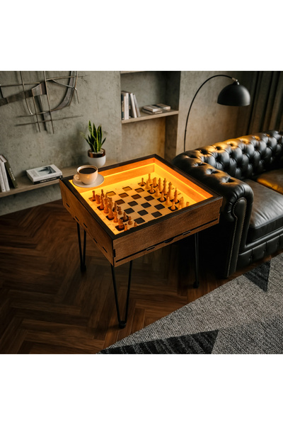 VENOCCİ Satranç Sehpası LED Aydınlatmalı Cam Kapaklı Orta Sehpa Puzzle Masası...