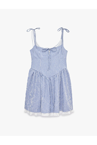 Koton Kolsuz Bağlamalı Yaka Volanlı Çizgili Kloş Mini Askılı Elbise