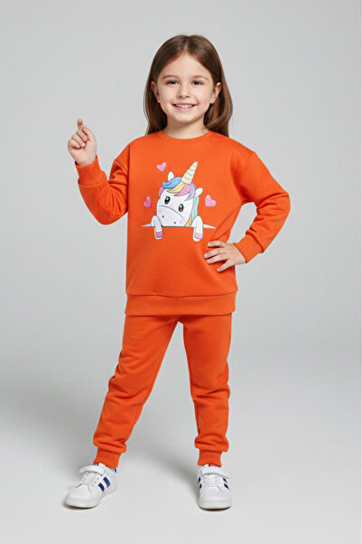 TOFİSA Κοριτσίστικο σετ φόρμας με πορτοκαλί στάμπα - 28176-ORANJ