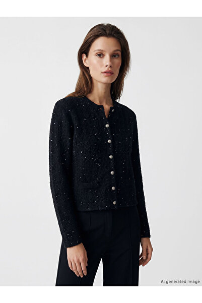 LC Waikiki Black Crew Neck Sequin Embroidered Women's Knitwear Cardigan