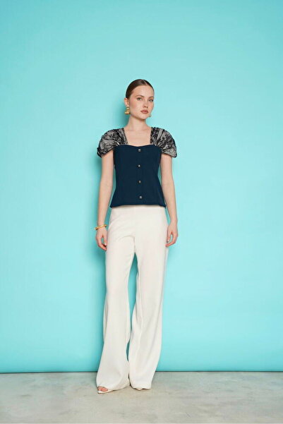 Caddebostan Moda Shoulder Lace Detailed Boat Neck Buttoned Stylish Blouse