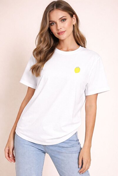 moda paketi تي شيرت نسائي كبير الحجم |   تي شيرت أساسي بتفاصيل تطريز الليمون ...