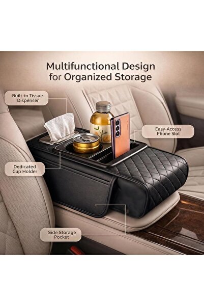 AutoFamily Car Seat Armrest Organizer with Cup Holder – PU Leather Center Console Storage Box