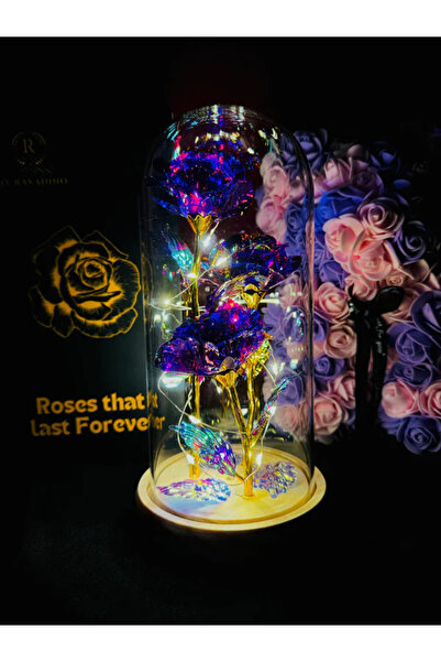 MyRavadino ™3 Trandafiri în cupolă de sticlă cu lumini LED, 22 cm, Mov