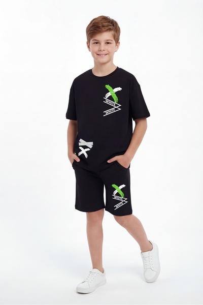 FYK COLLECTİON X Print Detailed Round Neck Summer Boys' Top and Bottom Set