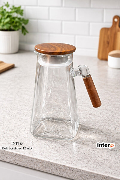 İnterlife Cam Karaf Sürahi Ahşap Kapaklı Kulplu Su Limonata ve Soğuk İçecek S...