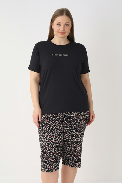REMSA Plus Size Women's Short Sleeve Capri Pajama Set 26082 Leopard