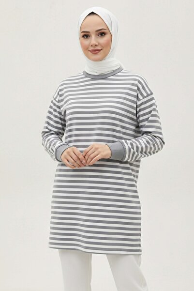 TOFİSA Striped Cuffed Tunic Gray - 28218-Gri