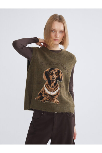 LC Waikiki Crew Neck Dog Patterned Women's Knitwear Sweater Vest