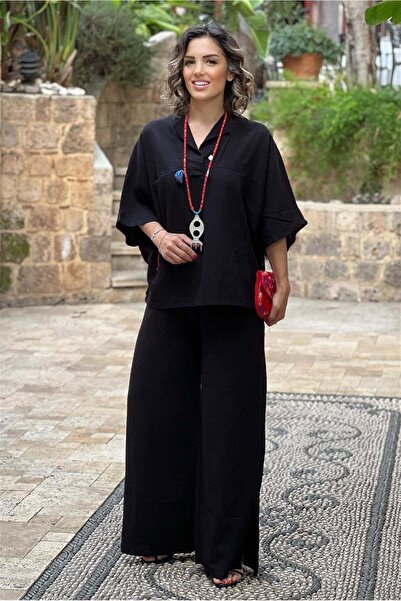 Nevin Kaya Moda Black Basic 100% Cotton Linen Pants Blouse Set