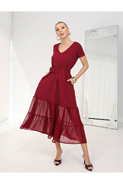 QİMYA BUTİK Buketli̇ Women's Below Knee Tulle Belted Pocketed V-Neck Short Sl...