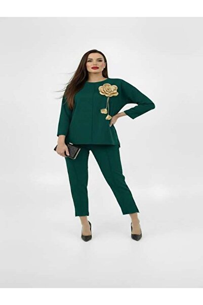 ANATOLIATEKSTILE Compleu Damă Elegant -Set Bluză cu Aplicație Floare + Pantal...