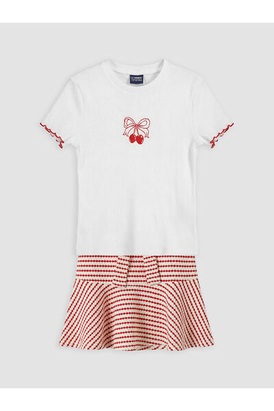 LC Waikiki LCW Kids Ecru Бродирана рипсена тениска и пола за момичета
