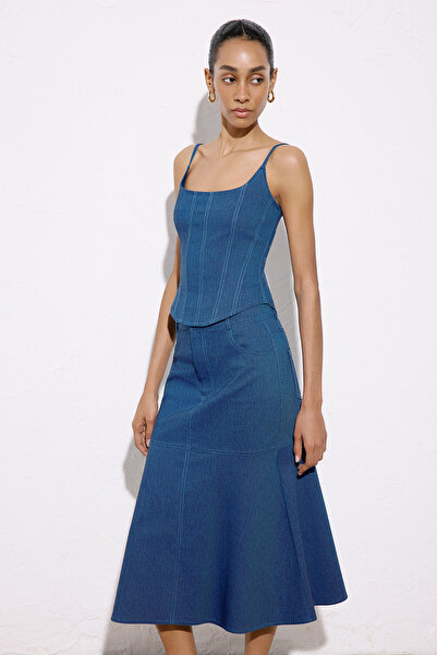 rue İnce Askılı Denim Dokulu Mavi Bluz