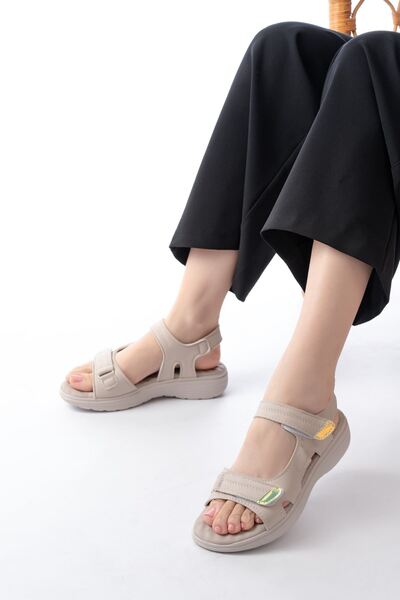 Zerenyus Zri̇n-363 Premium Beige Helmeted Velcro Stitched Daily Women's Sandals