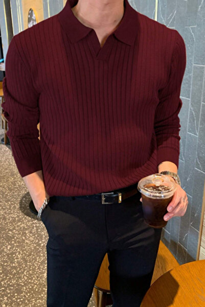 Tarz Cool سترة تريكو بياقة بولو للرجال بقصة ضيقة ومضلعة