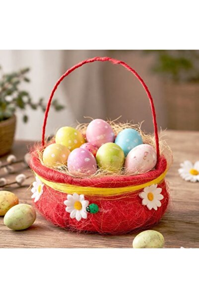 ZanaCasei Coș decorativ rotund de Paște, din iarbă roșie, cu margarete și bub...