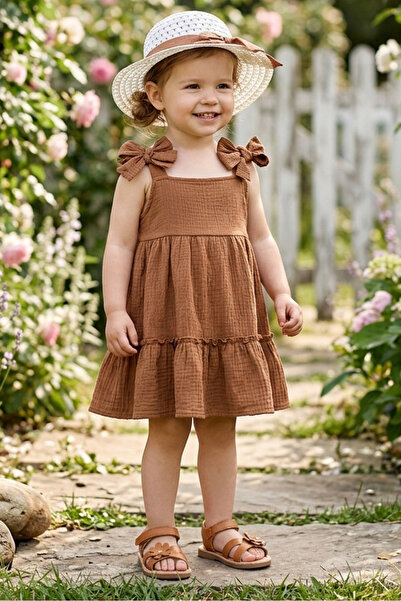 TOFİSA Rochie înfășurată pentru fete cu pălărie maro - 28350-TABA