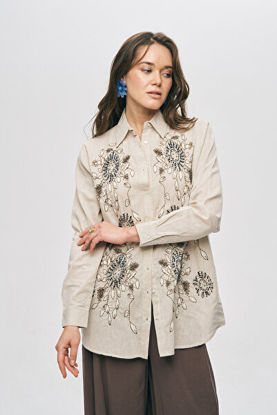 Orfeo Negro Women's Oversize Shirt with Floral Embroidery and Stone Embellish...