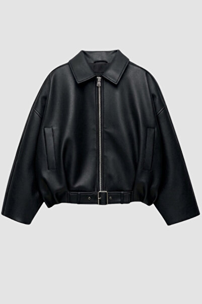 Potenza Women's Faux Leather Jacket Short Zipper Belted Long Sleeve Pocketed ...