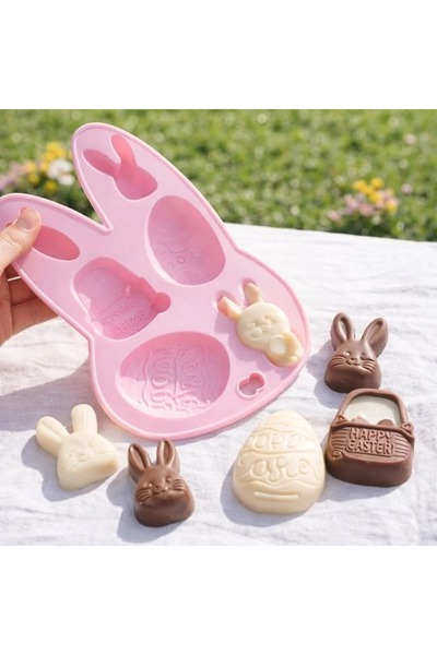 ZanaCasei Pink silicone baking mold with bunny and egg shapes, 6 compartments...