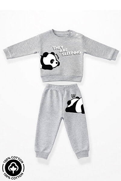 Miniel Unisex Bebek Sleeping Panda Baskılı %100 Pamuklu 6-9-12 Ay Alt Üst 2'L...
