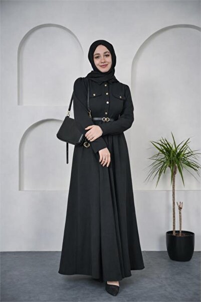 Neşeli Butik Women's Black Shirt Collar Buttoned Belt Detailed Hijab Dress Nb...