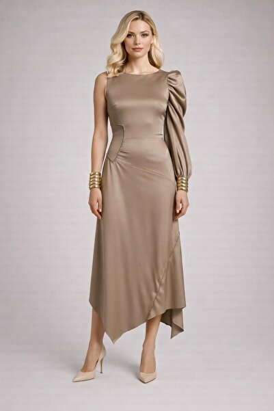 ALYEL NAKER Asymmetrical Detailed & Balloon Sleeve Silk Stylish Dress