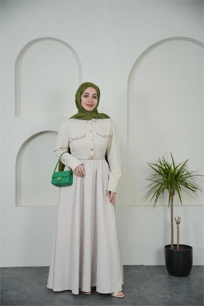 Neşeli Butik Women's Beige Shirt Collar Buttoned Belt Detailed Hijab Dress Nb...