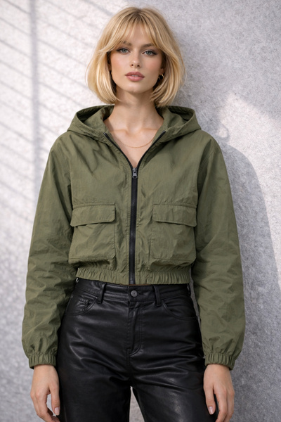 Gizrain Γυναικείο αδιάβροχο αντιανεμικό ύφασμα χακί με κουκούλα - Αντιανεμικό