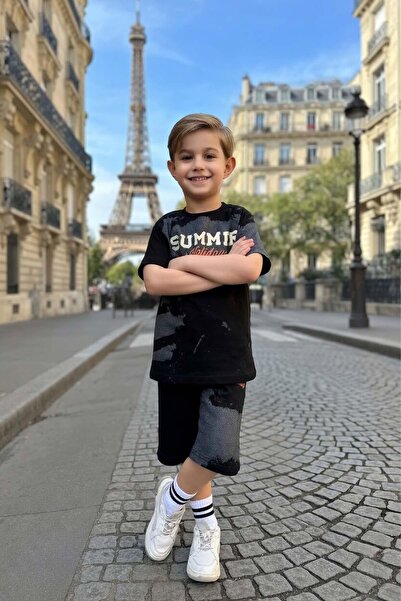 Riccotarz Set de pantaloni scurți negri pentru băieți, cu buzunare și șnur, p...