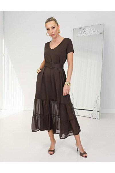 QİMYA BUTİK Buketli̇ Women's Below Knee Tulle Belted Pocketed V-Neck Short Sl...