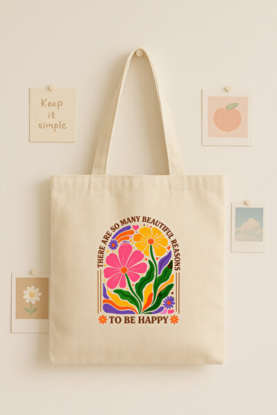 Maki Craft Çiçek Desenli Yazı Baskılı Bez Çanta – Motivasyon Temalı Tote Bag