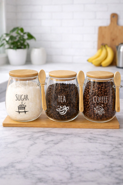 İnterlife Bamboo Lid and Spoon Chubby Glass Jar Set with 3 Stands Tea Coffee ...