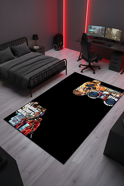 Genç Odası Halısı GTA Oyun Konsolu Temalı Kaymaz Dot Taban Dekoratif Halı