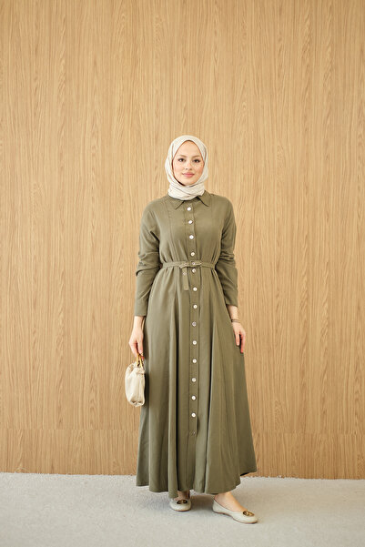 LOCCO Women's Buttoned Belted Dress in Mold Green