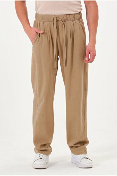 RELAXL Plus Size 100% Cotton Wide Leg Loose Beige Trousers