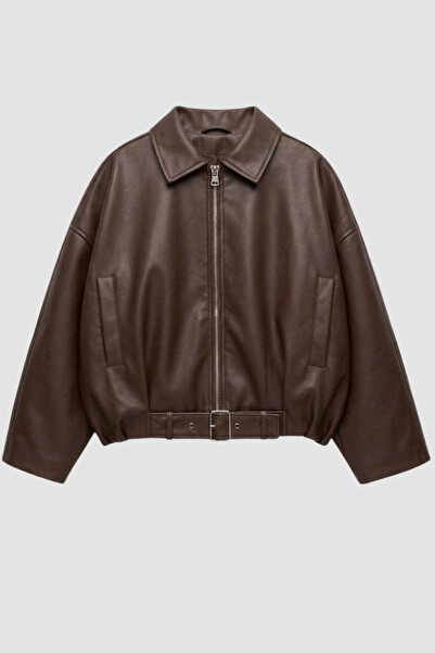 Potenza Women's Faux Leather Jacket Short Zipper Belted Long Sleeve Pocketed ...