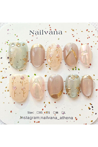 Nailvana Μικρά Χειροποίητα Νύχια  "Μάτι Γάτας " με Φλοράλ Σχέδια