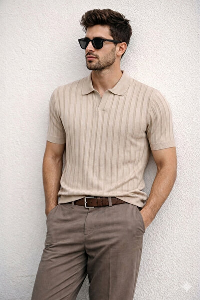 Tarz Cool Tricou tricotat subțire cu guler polo pentru bărbați, croială confo...