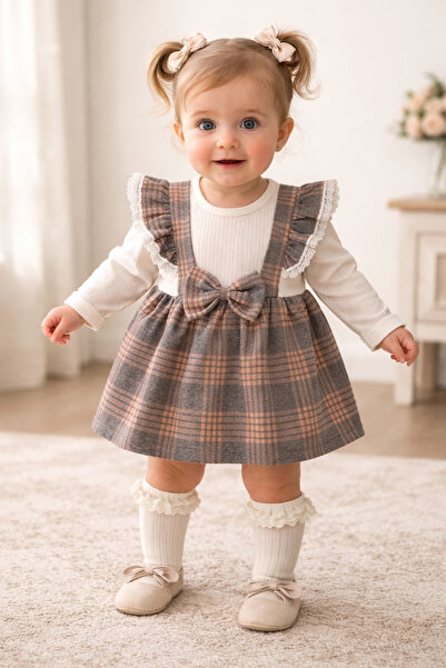 Chicsy Baby Sweet Baby Girl Plaid Gilet Style Dress with Bow Detail and Ribbed B